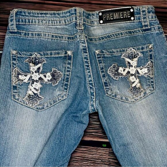 Rue21 Jeans Bootcut Premiere Embellished Cross 5 Pocket Distressed Denim 7/8 Y2K - Picture 4 of 16
